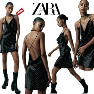 Zara Black satin effect crystal rhinestone jewelled cowl neck mini slip dress XS